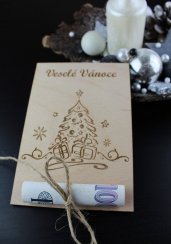 Dřevěná cedulka na Vánoce s mašličkou na bankovku