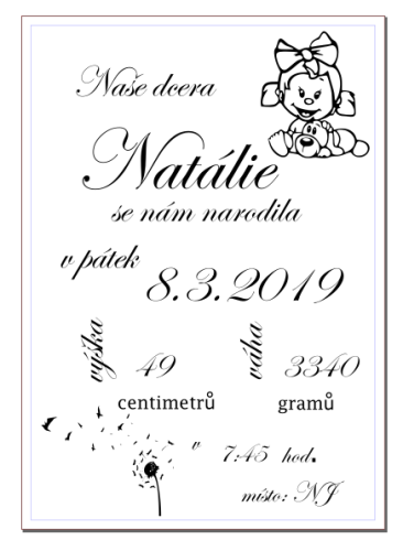 Tabulka k narození dítěte - pro holčičku