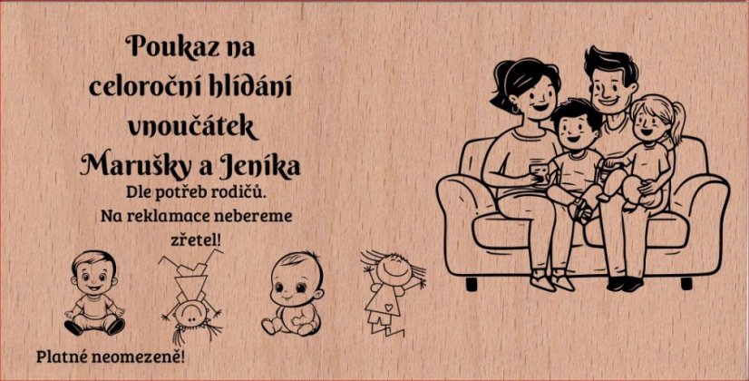Dřevěný poukaz na hlídání dětí s vlastním textem v konfigurátoru