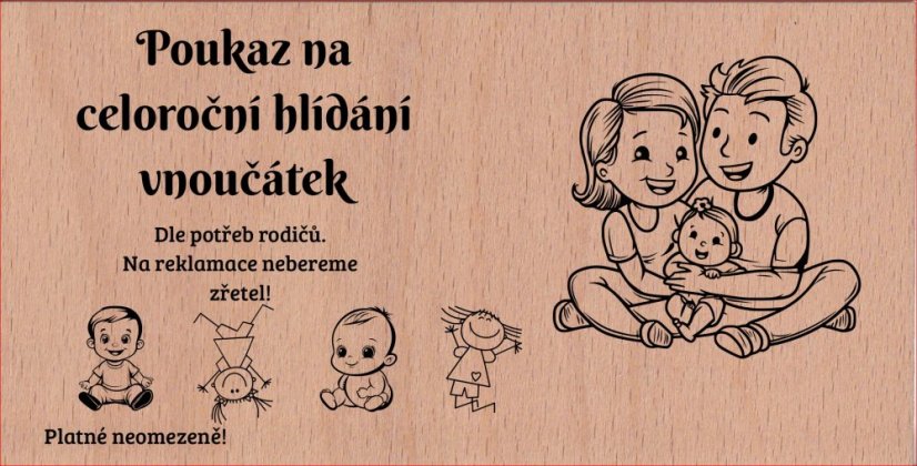 Dřevěný poukaz na hlídání dětí s vlastním textem v konfigurátoru